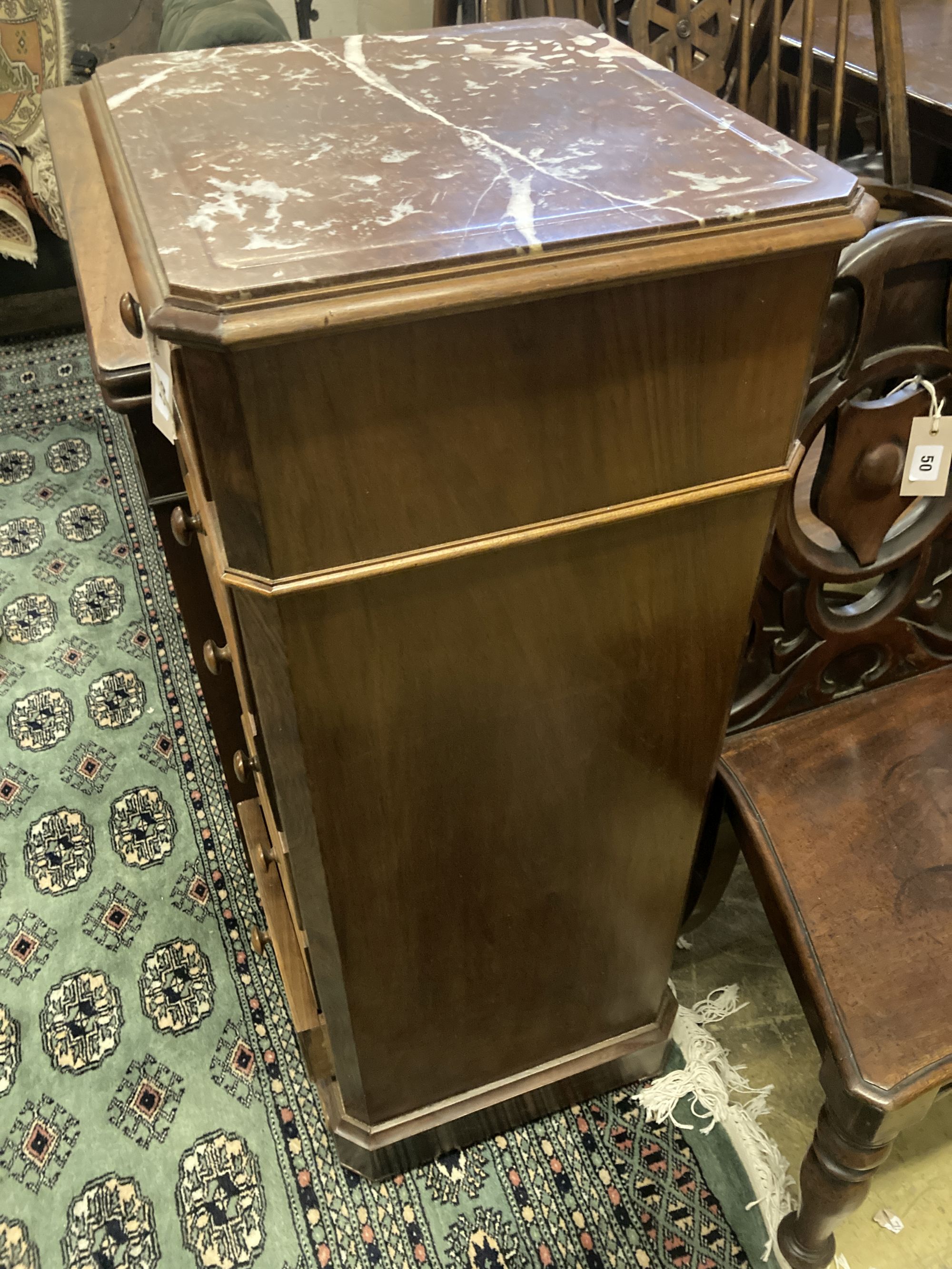 A 19th century French marble topped walnut bedside chest, width 41cm depth 38cm height 97cm